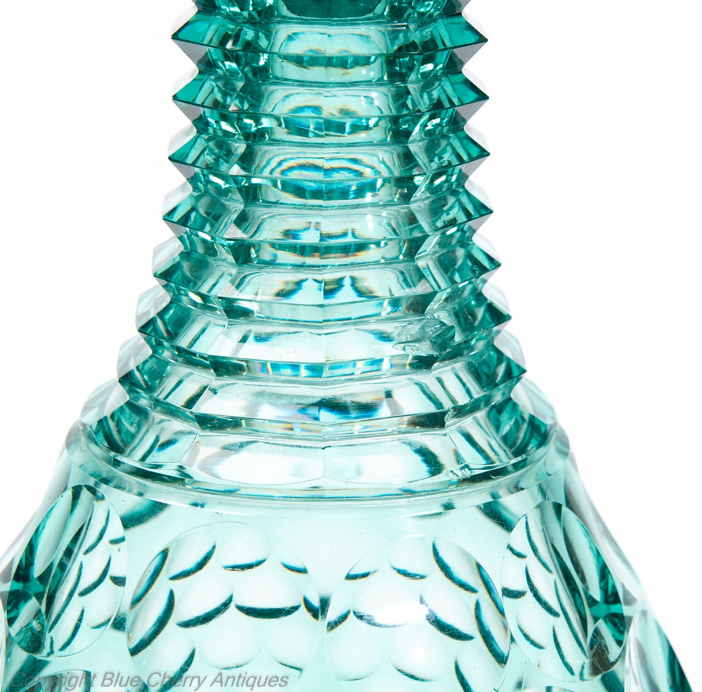 Pair Antique Regency/William IV Prismatic & Lens Cut Green Glass Wine Decanters (Code 2035)