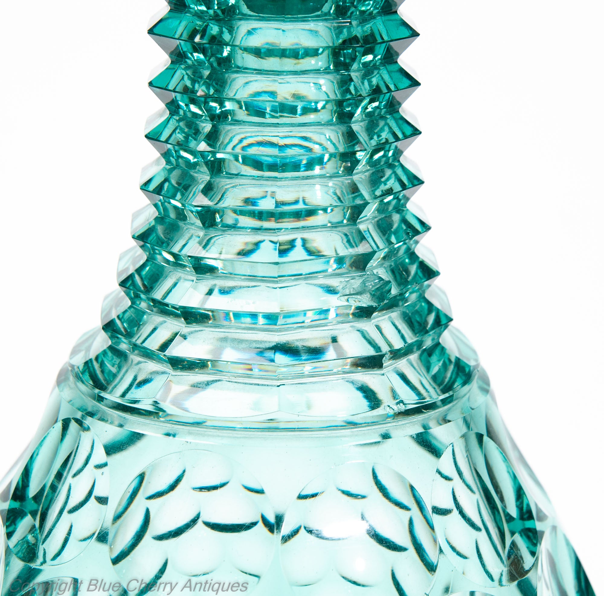 Pair Antique Regency/William IV Prismatic & Lens Cut Green Glass Wine Decanters (Code 2035)