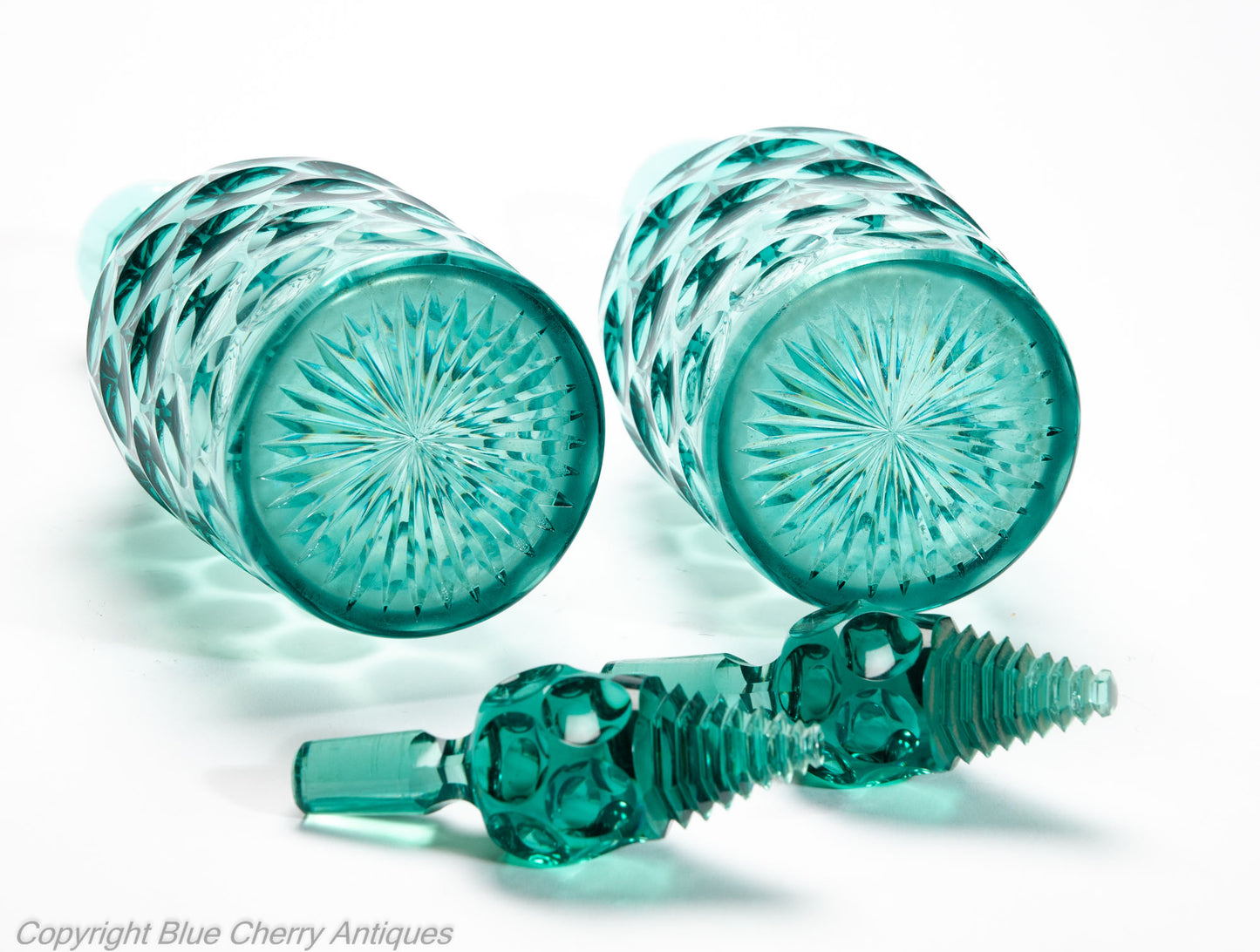 Pair Antique Regency/William IV Prismatic & Lens Cut Green Glass Wine Decanters (Code 2035)