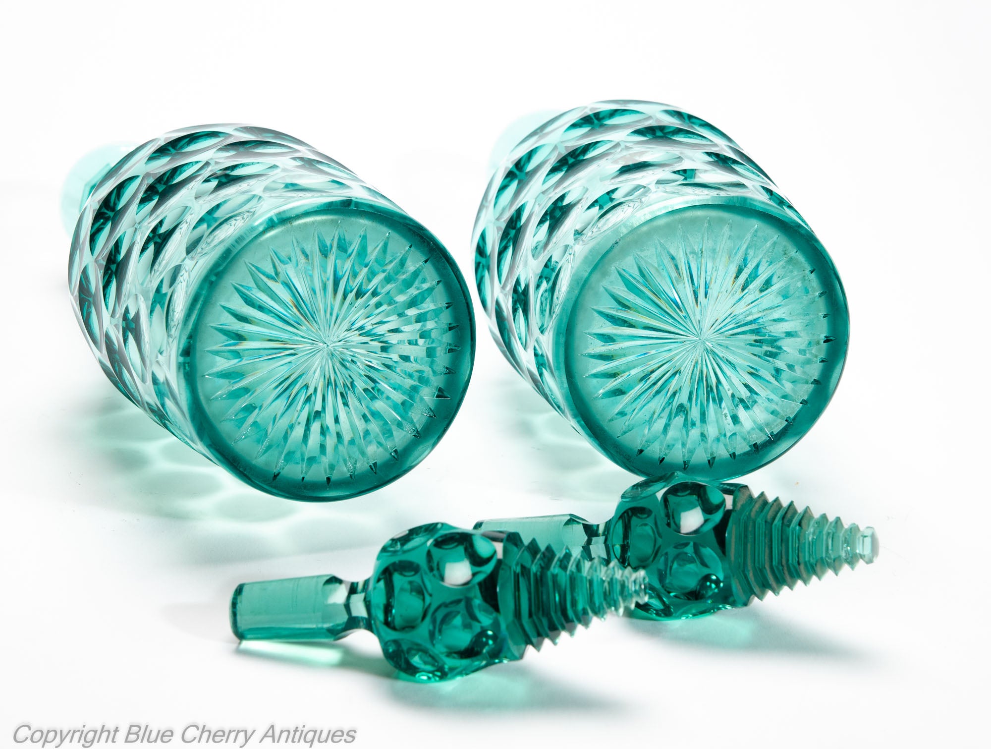 Pair Antique Regency/William IV Prismatic & Lens Cut Green Glass Wine Decanters (Code 2035)