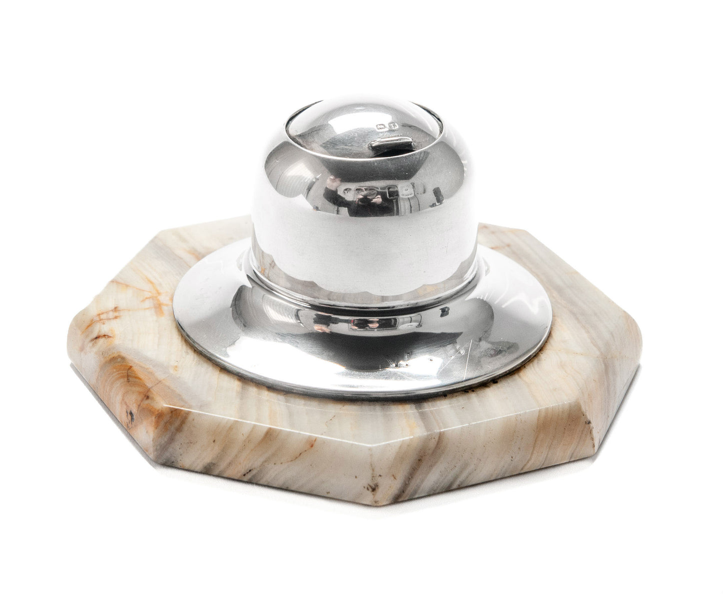 Antique Mappin & Webb Solid Silver & Turkish Willow Onyx Inkwell, London 1912 (Code 2070)