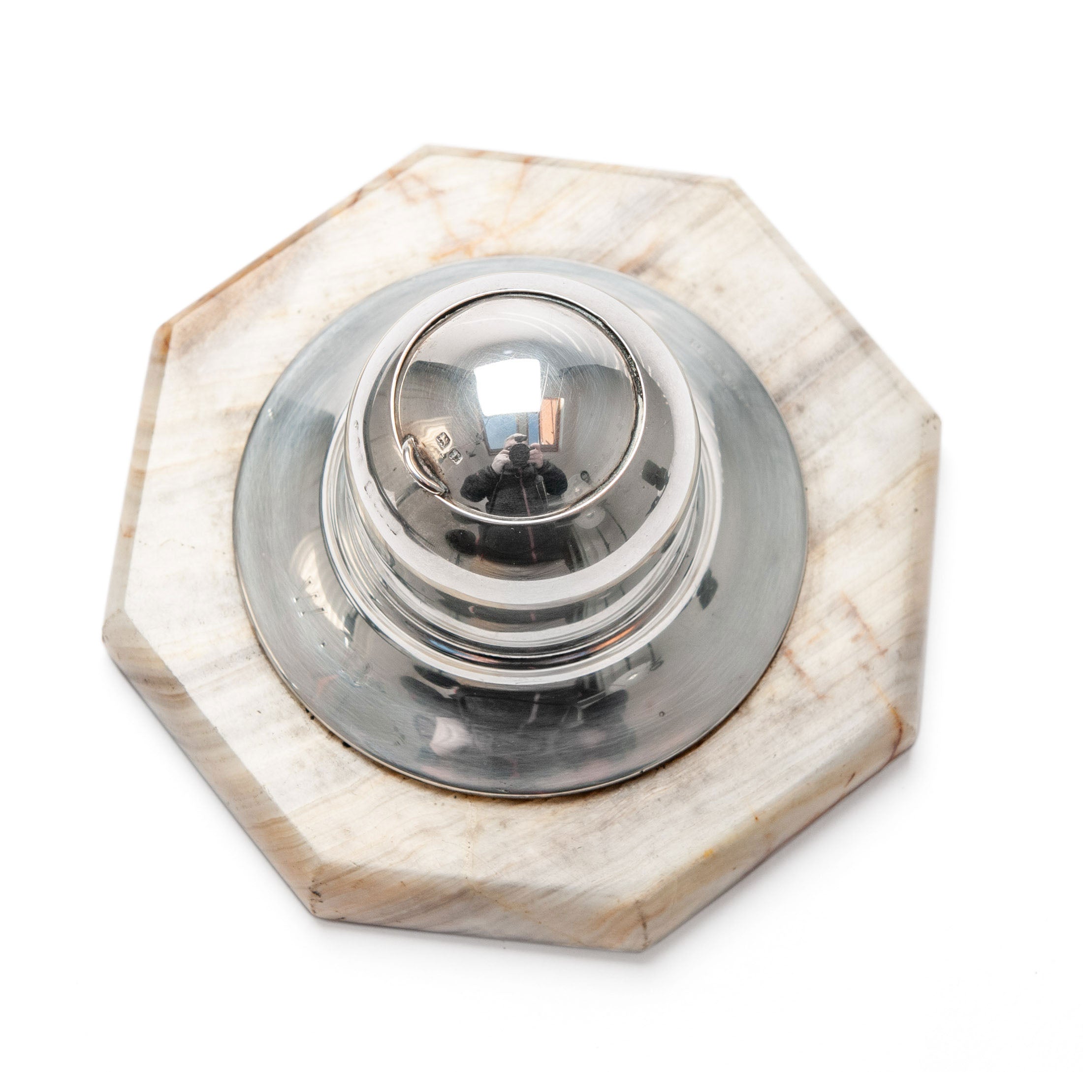 Antique Mappin & Webb Solid Silver & Turkish Willow Onyx Inkwell, London 1912 (Code 2070)