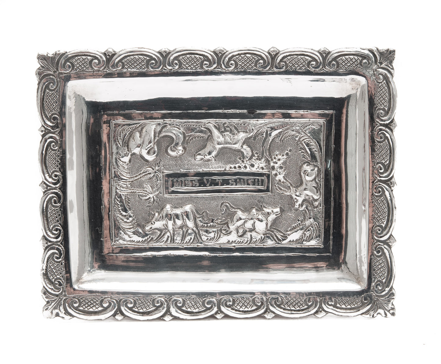 Antique Indian Silver Repousse Rectangular Trinket Dish - Lucknow c1900 (Code 2084)