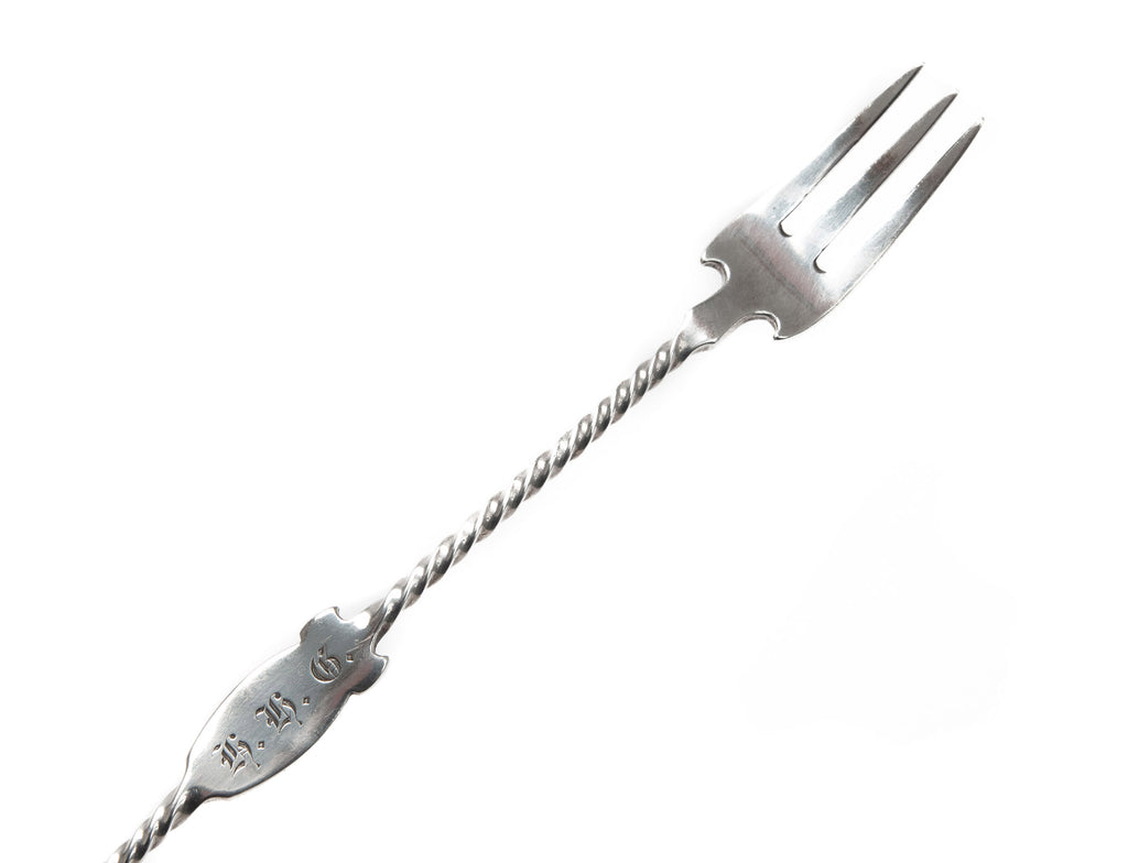 Antique Mid 19th Century American Coin Silver Pickle Fork with Rope Twist Handle (Code 2087)
