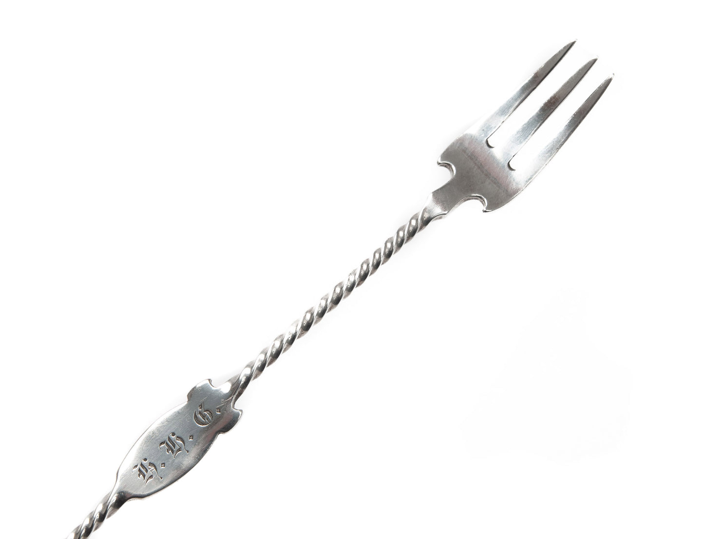Antique Mid 19th Century American Coin Silver Pickle Fork with Rope Twist Handle (Code 2087)
