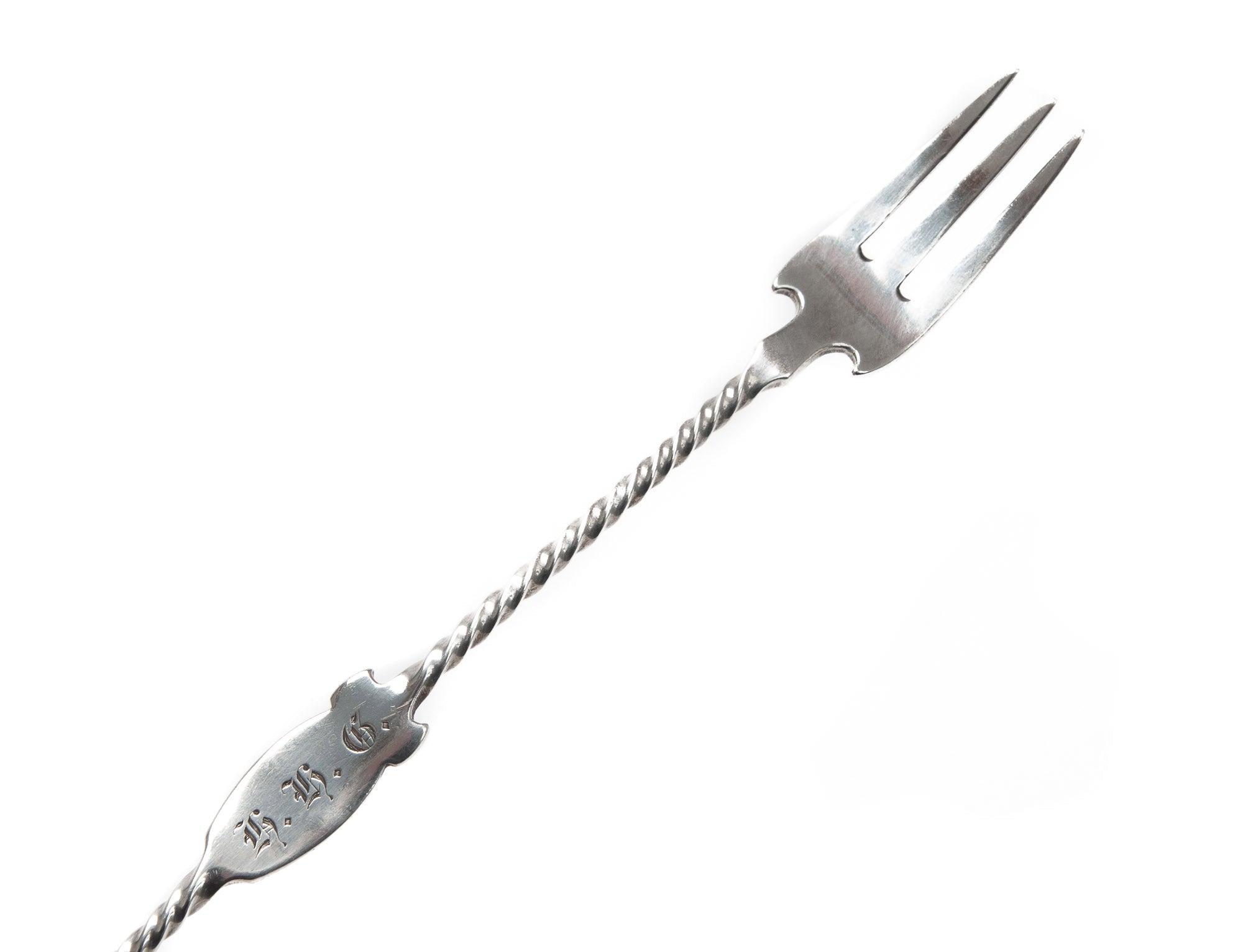 Antique Mid 19th Century American Coin Silver Pickle Fork with Rope Twist Handle (Code 2087)