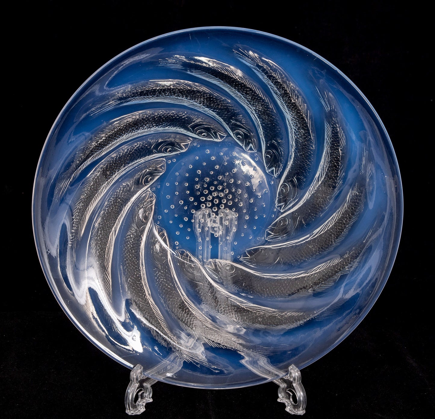 Rene Lalique Art Deco Opalescent Glass Poissons Design Shallow Dish (Code 2104)