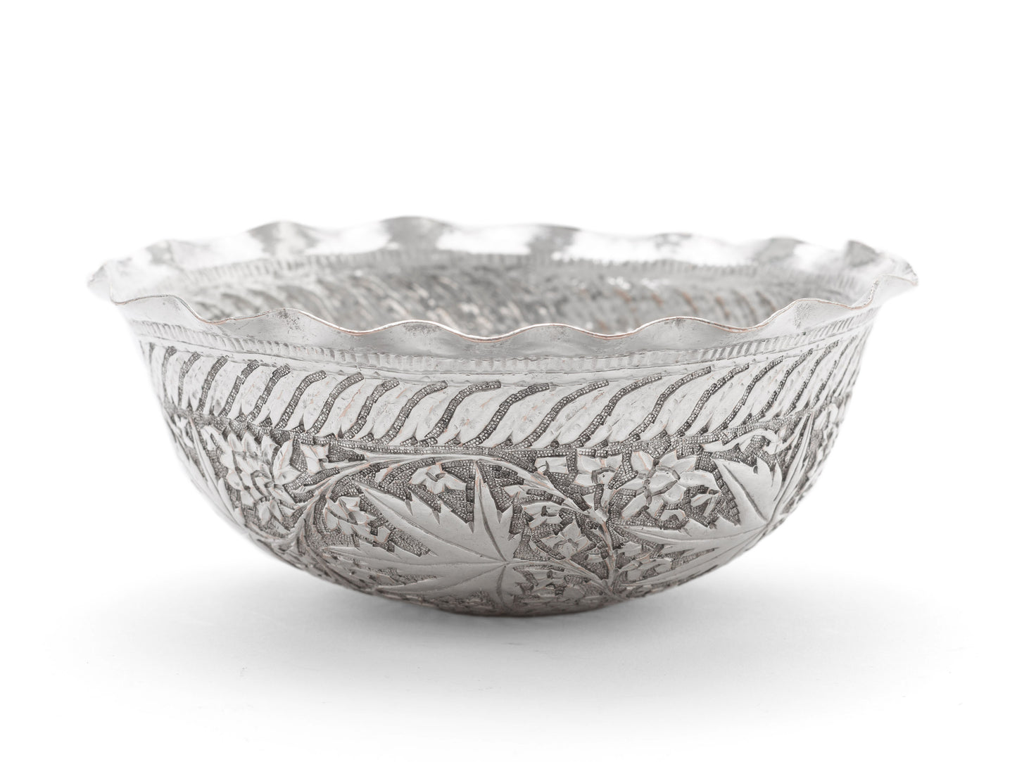Antique Indian Kashmir Chinar Buen Leaf Silver Plated Repousse Bowl c1880 (Code 2114)