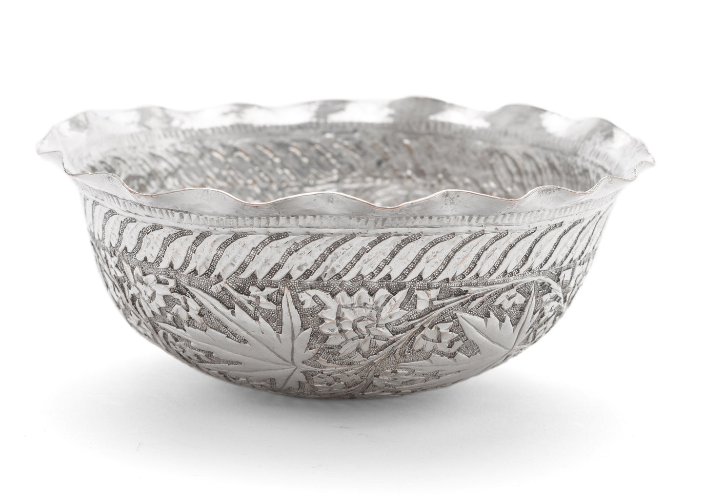 Antique Indian Kashmir Chinar Buen Leaf Silver Plated Repousse Bowl c1880 (Code 2114)
