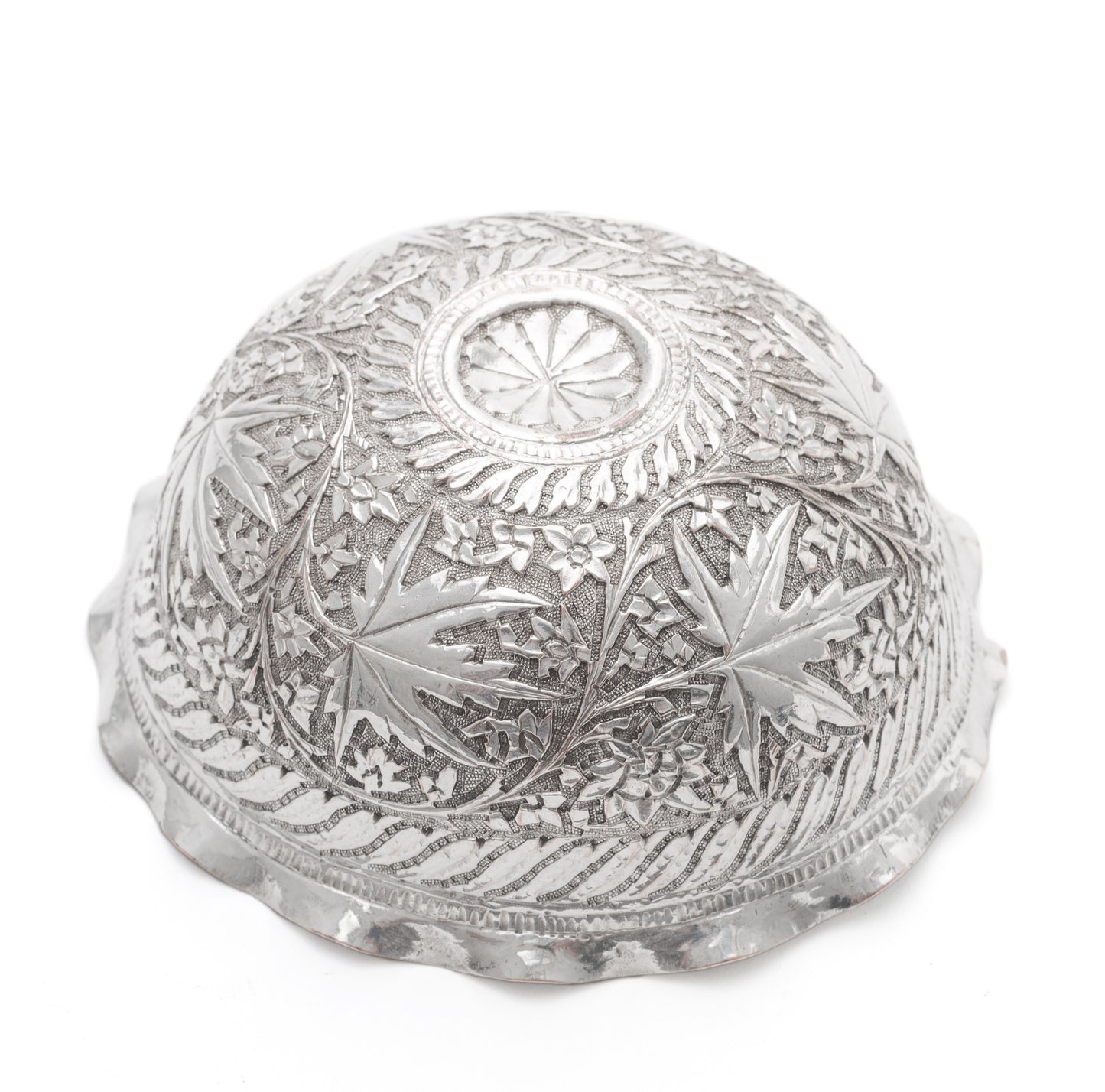 Antique Indian Kashmir Chinar Buen Leaf Silver Plated Repousse Bowl c1880 (Code 2114)