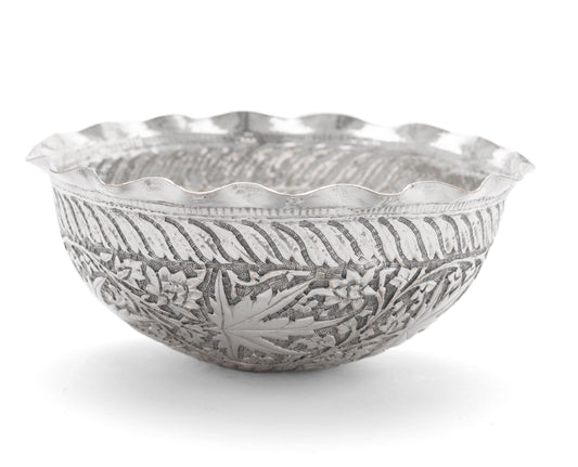 Antique Indian Kashmir Srinagar Chinar (Buen) Leaf Silver Plated Bowl c1880 (Code 2115)