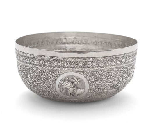 Antique Ceylonese (Sri Lankan) White Metal/Silver Offering Bowl with Elephants (Code 2116)