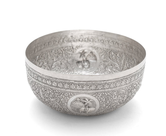 Antique Ceylonese (Sri Lankan) White Metal/Silver Offering Bowl with Elephants (Code 2116)