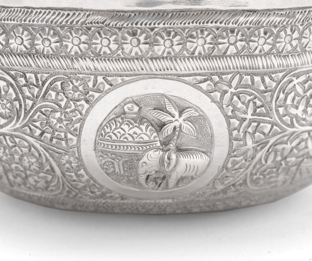 Antique Ceylonese (Sri Lankan) White Metal/Silver Offering Bowl with Elephants (Code 2116)
