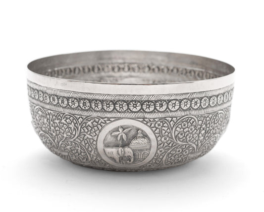 Antique Ceylonese (Sri Lankan) White Metal/Silver Repousse Offering Bowl c1900 (Code 2117)