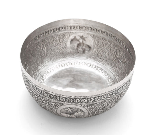 Antique Ceylonese (Sri Lankan) White Metal/Silver Repousse Offering Bowl c1900 (Code 2117)