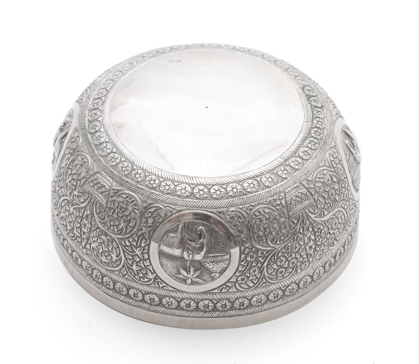 Antique Ceylonese (Sri Lankan) White Metal/Silver Repousse Offering Bowl c1900 (Code 2117)