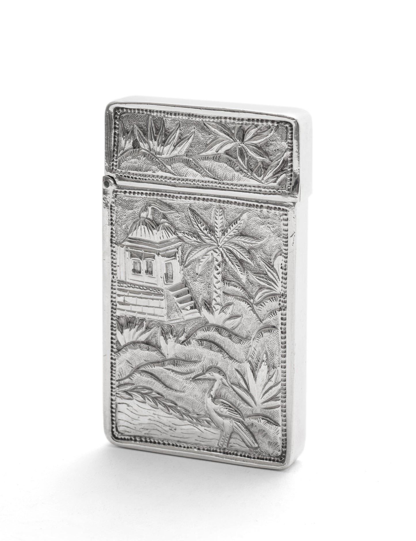 Antique Chinese Cast Silver Pictorial Card Case with Crane, River & Cartouche (Code 2119)