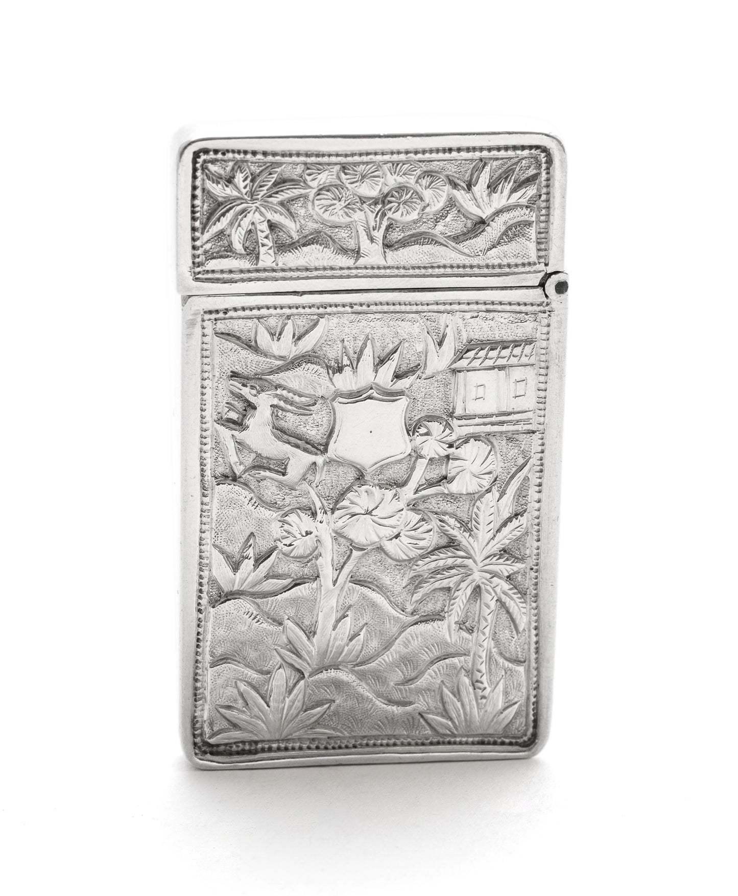 Antique Chinese Cast Silver Pictorial Card Case with Crane, River & Cartouche (Code 2119)