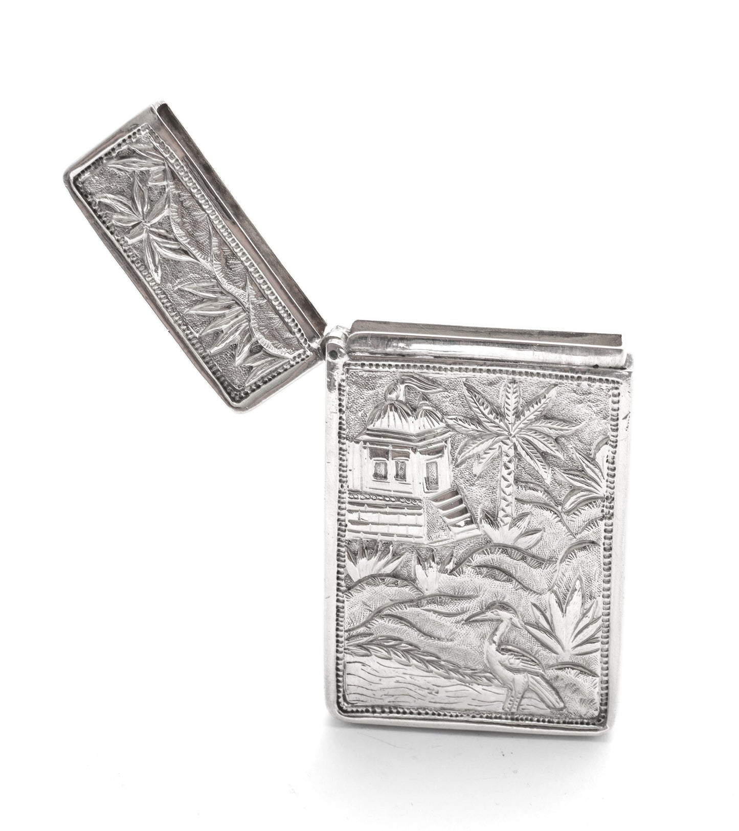 Antique Chinese Cast Silver Pictorial Card Case with Crane, River & Cartouche (Code 2119)