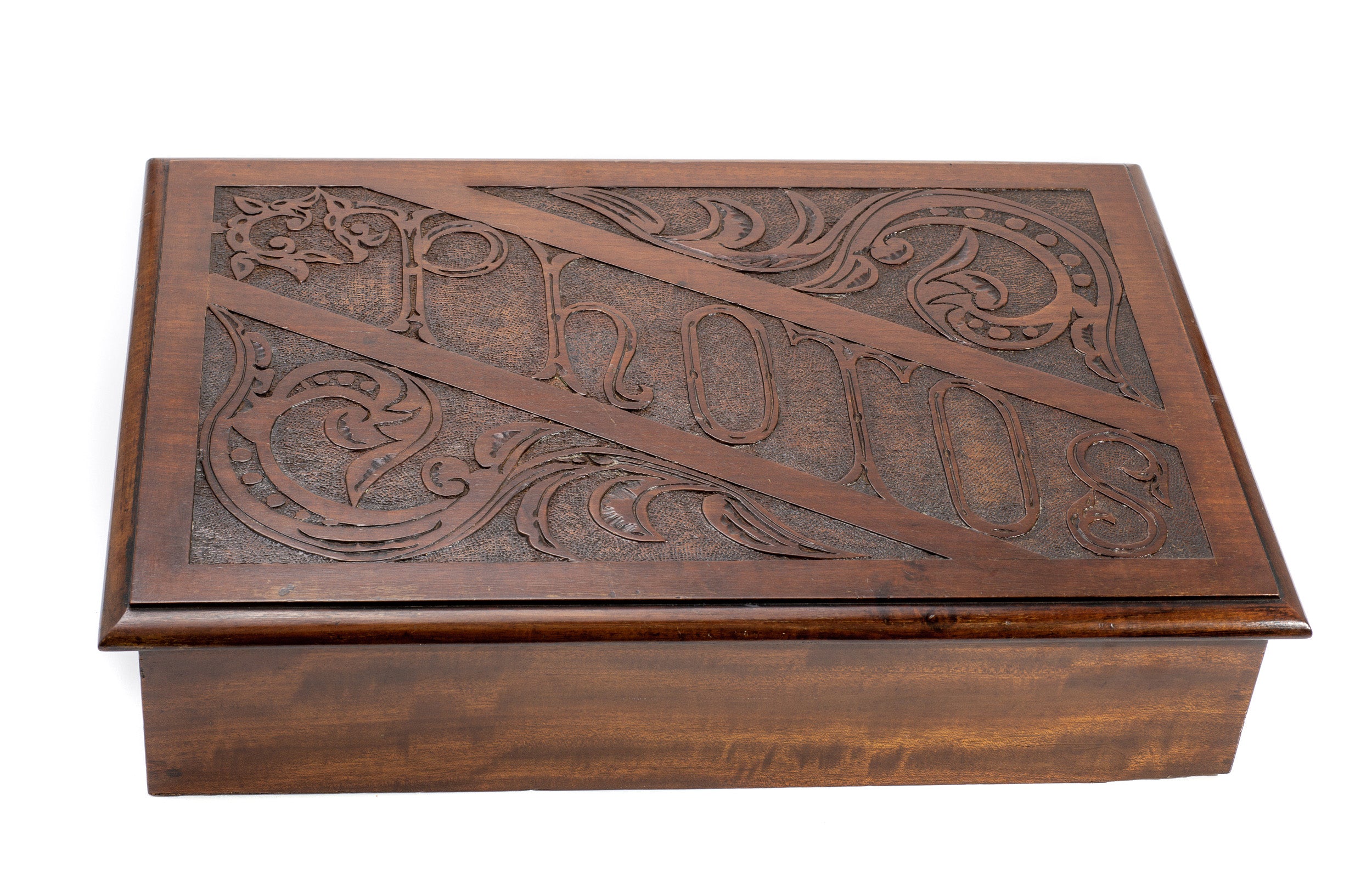 Antique Photo Box In Mahogany Wood With Carved Panel - Victorian/Edwardian c1900 (Code 2148)