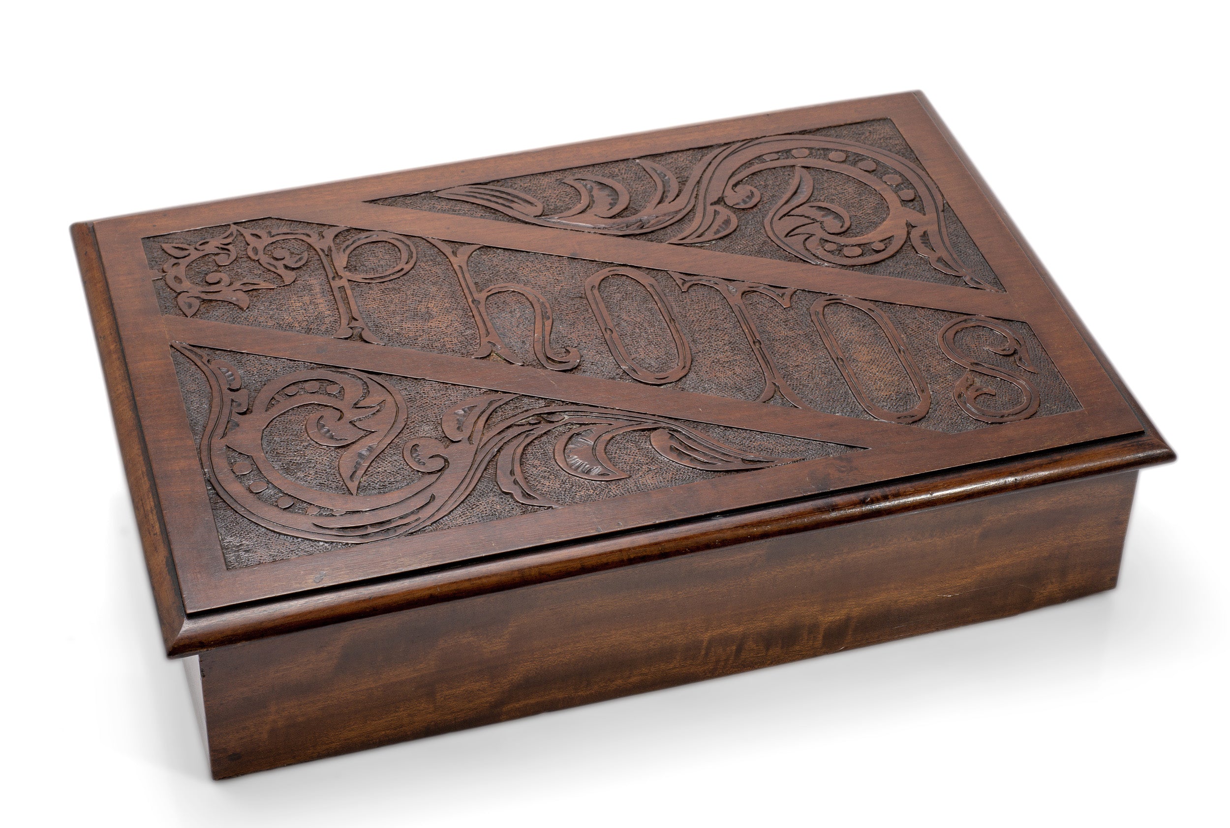 Antique Photo Box In Mahogany Wood With Carved Panel - Victorian/Edwardian c1900 (Code 2148)