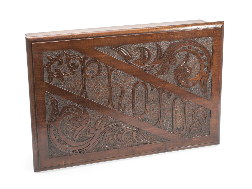 Antique Photo Box In Mahogany Wood With Carved Panel - Victorian/Edwardian c1900 (Code 2148)