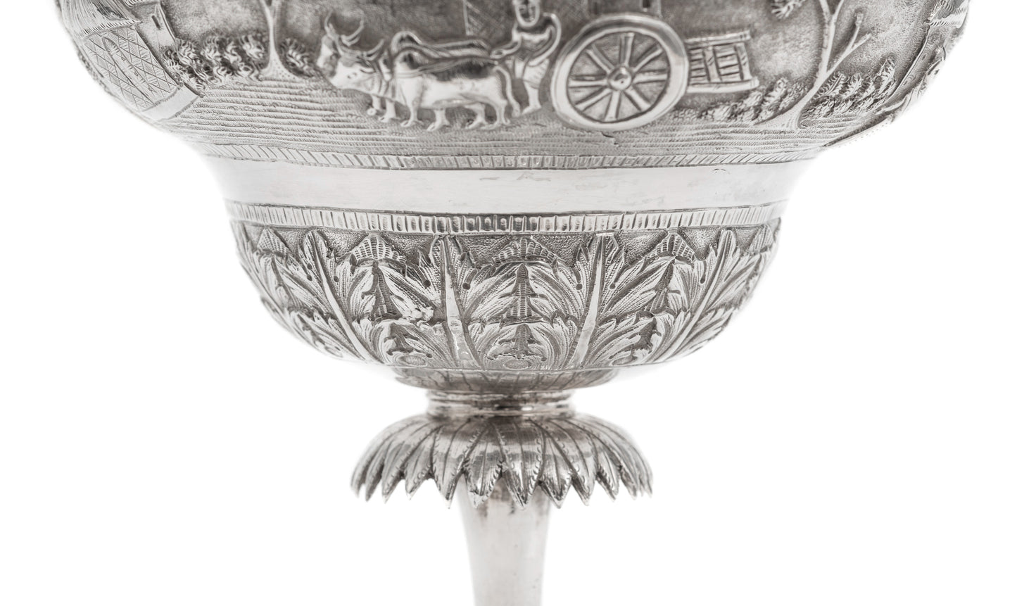 Antique Indian Calcutta Silver Repousse Pedestal Sweetmeat Dish - Village Scene (Code 2155)