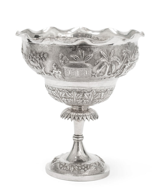 Antique Indian Calcutta Silver Repousse Pedestal Sweetmeat Dish - Village Scene (Code 2155)