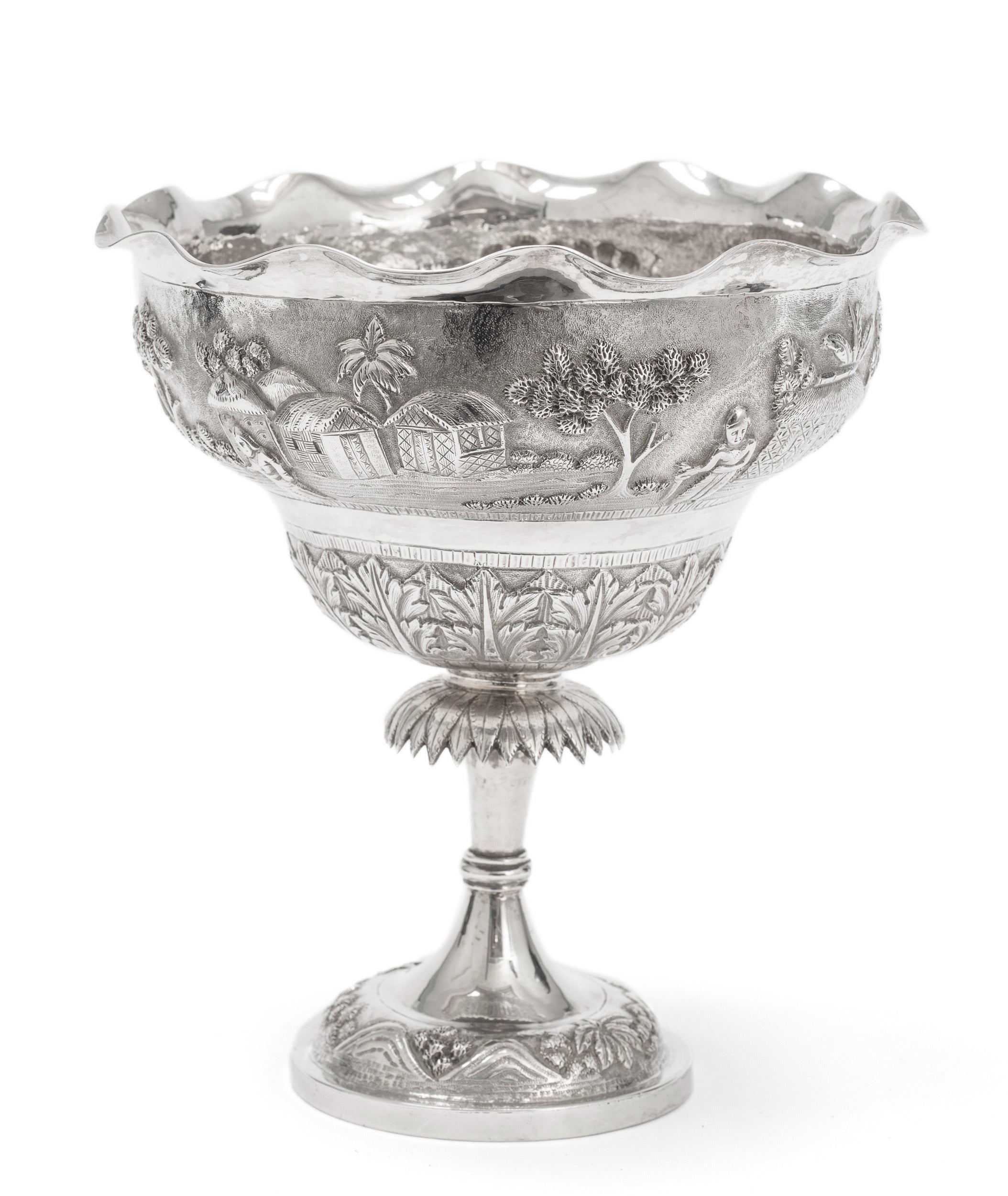 Antique Indian Calcutta Silver Repousse Pedestal Sweetmeat Dish - Village Scene (Code 2155)
