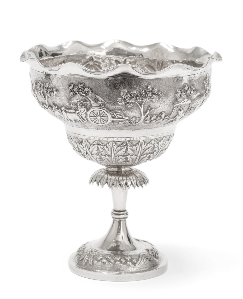 Antique Indian Calcutta Silver Repousse Pedestal Sweetmeat Dish - Village Scene (Code 2155)