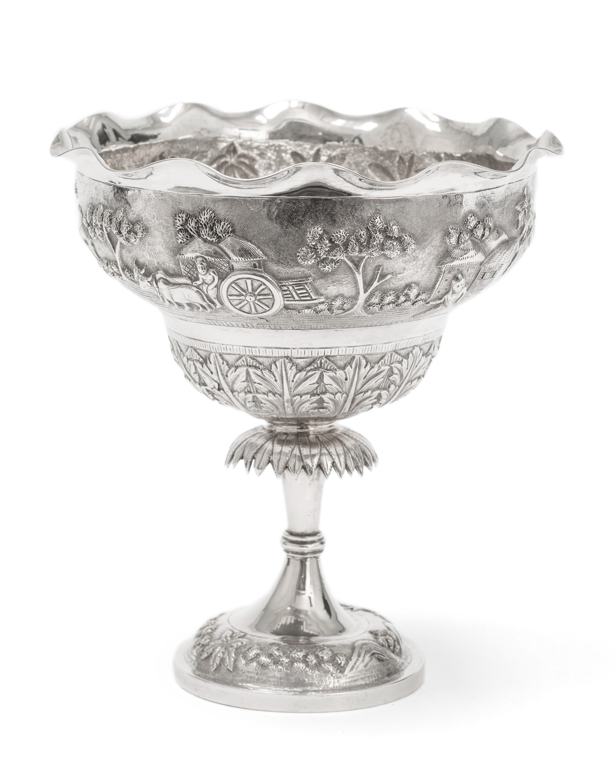 Antique Indian Calcutta Silver Repousse Pedestal Sweetmeat Dish - Village Scene (Code 2155)