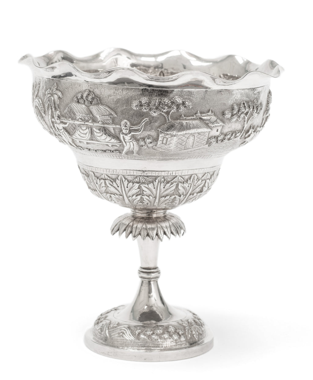 Antique Indian Calcutta Silver Repousse Pedestal Sweetmeat Dish - Village Scene (Code 2155)