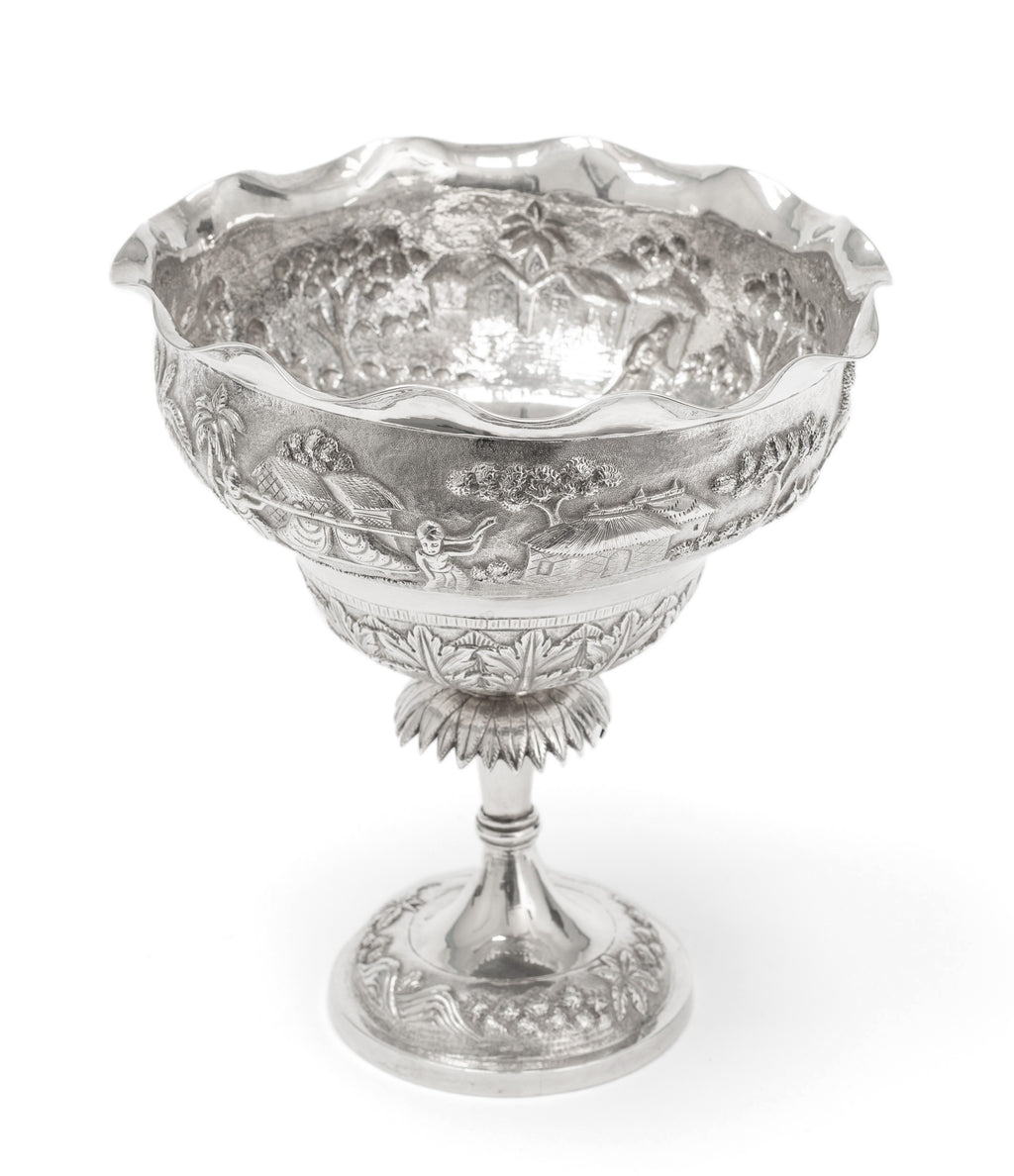 Antique Indian Calcutta Silver Repousse Pedestal Sweetmeat Dish - Village Scene (Code 2155)