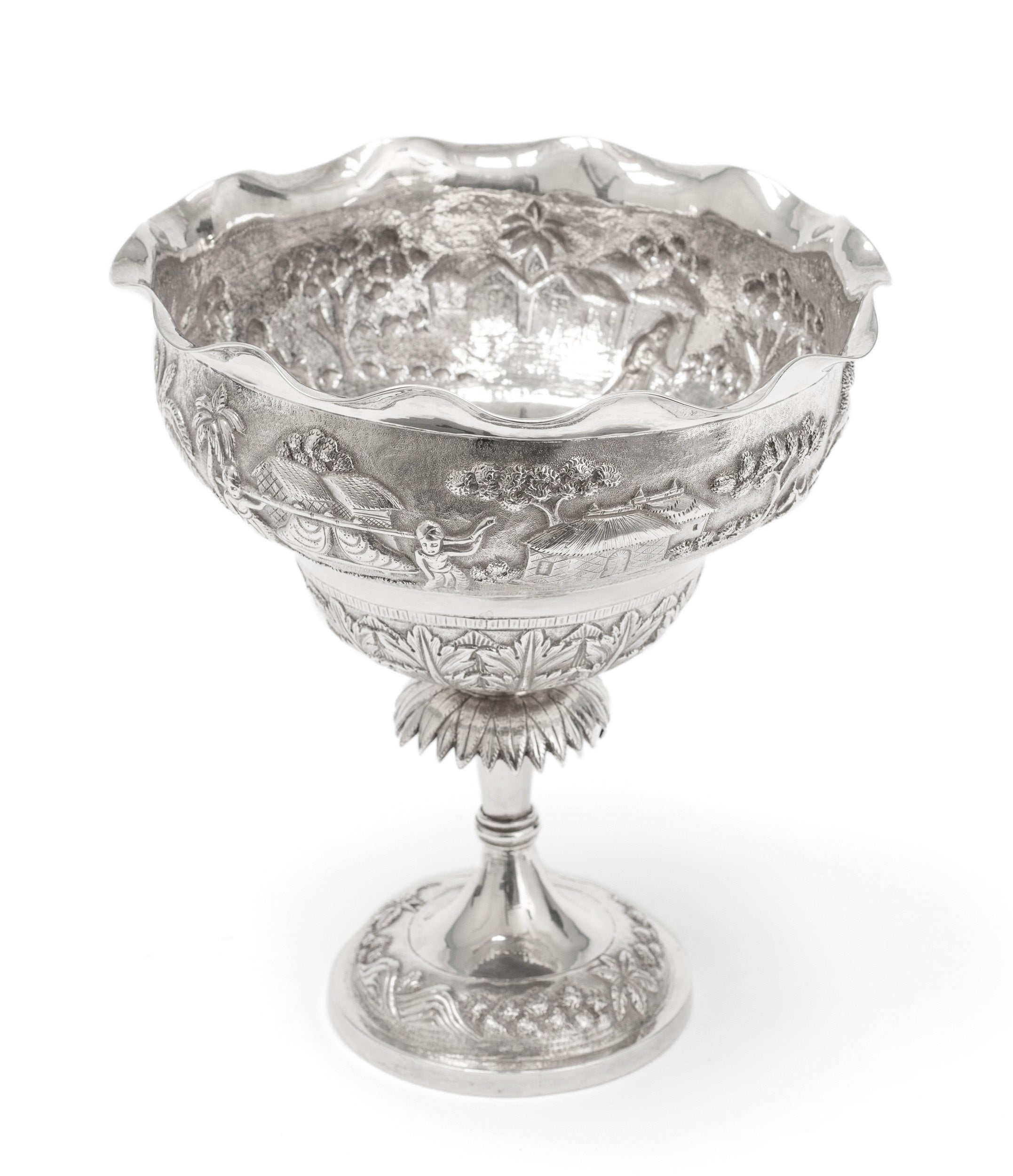 Antique Indian Calcutta Silver Repousse Pedestal Sweetmeat Dish - Village Scene (Code 2155)