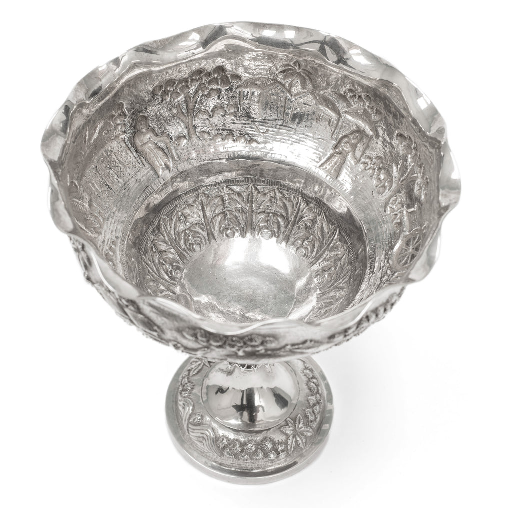 Antique Indian Calcutta Silver Repousse Pedestal Sweetmeat Dish - Village Scene (Code 2155)