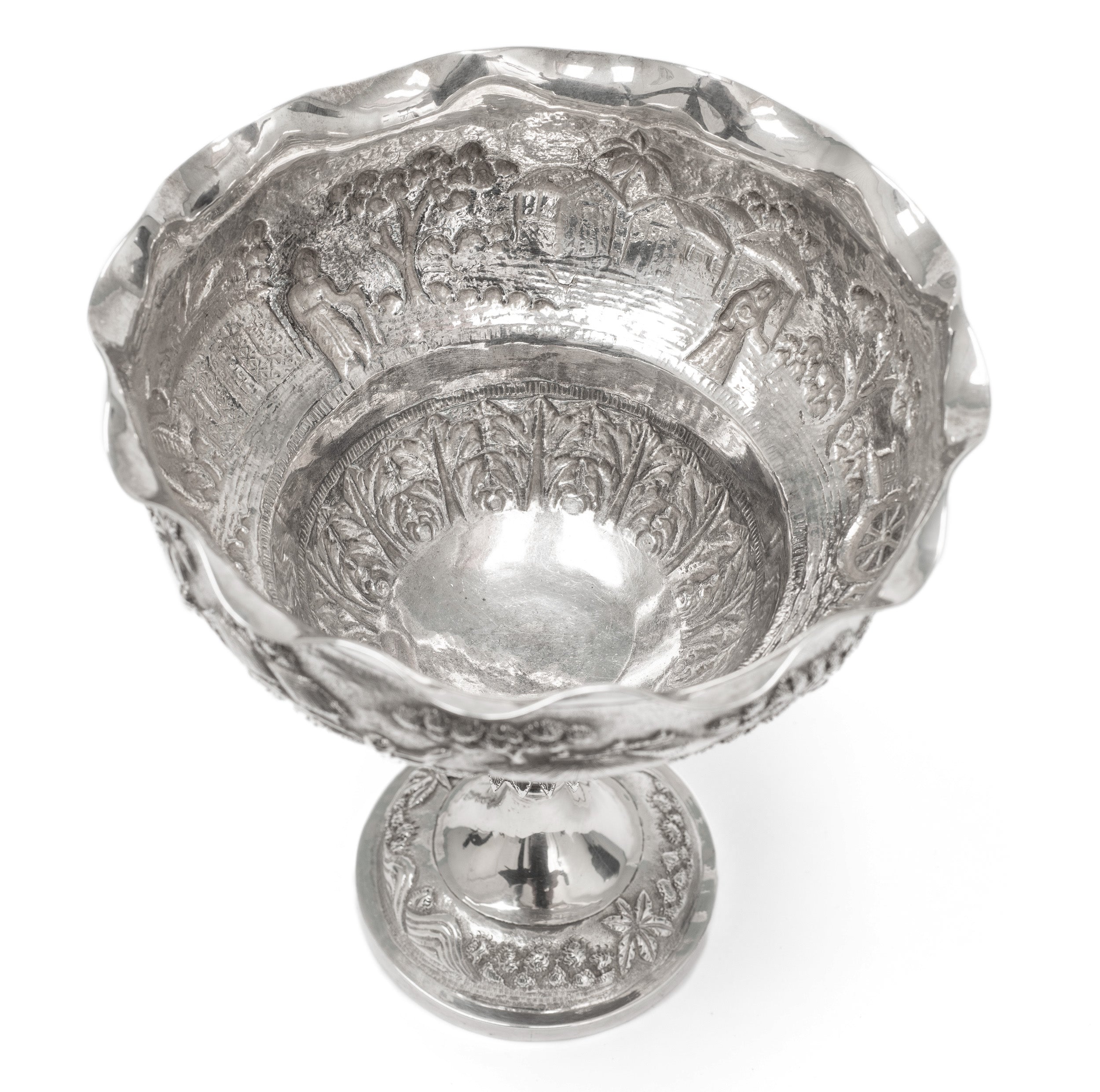 Antique Indian Calcutta Silver Repousse Pedestal Sweetmeat Dish - Village Scene (Code 2155)