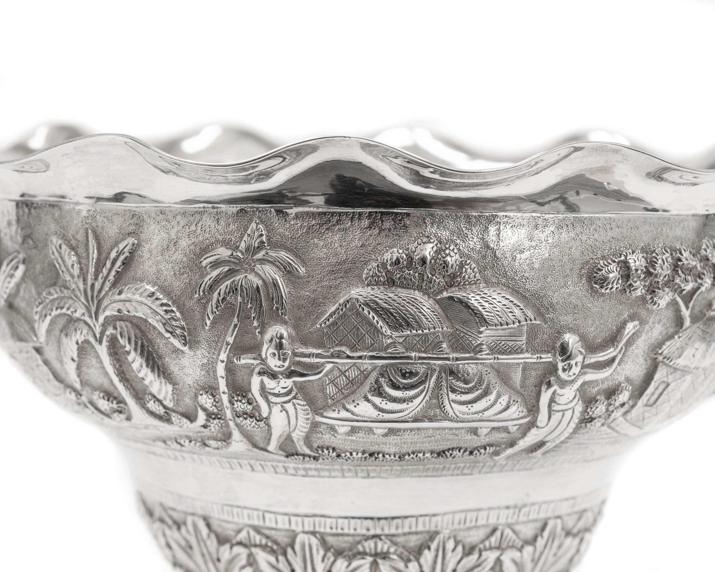 Antique Indian Calcutta Silver Repousse Pedestal Sweetmeat Dish - Village Scene (Code 2155)