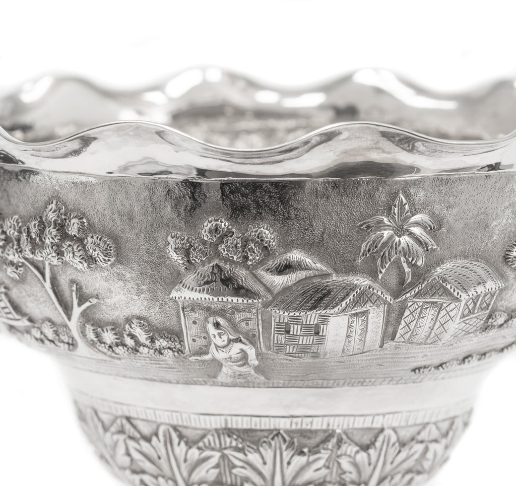 Antique Indian Calcutta Silver Repousse Pedestal Sweetmeat Dish - Village Scene (Code 2155)