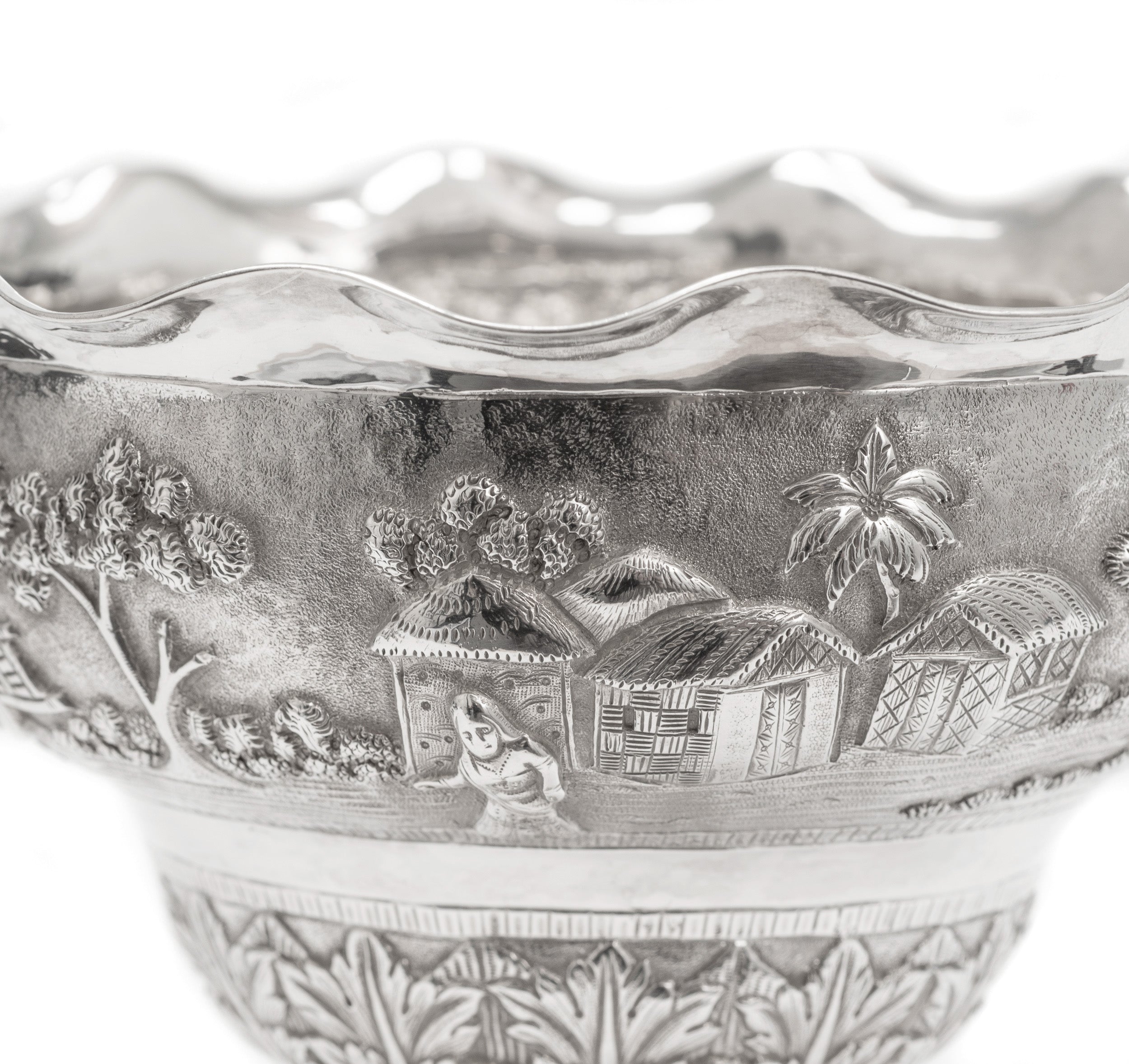 Antique Indian Calcutta Silver Repousse Pedestal Sweetmeat Dish - Village Scene (Code 2155)