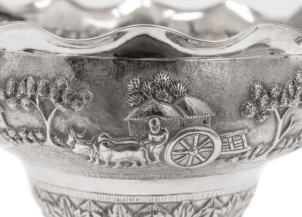 Antique Indian Calcutta Silver Repousse Pedestal Sweetmeat Dish - Village Scene (Code 2155)