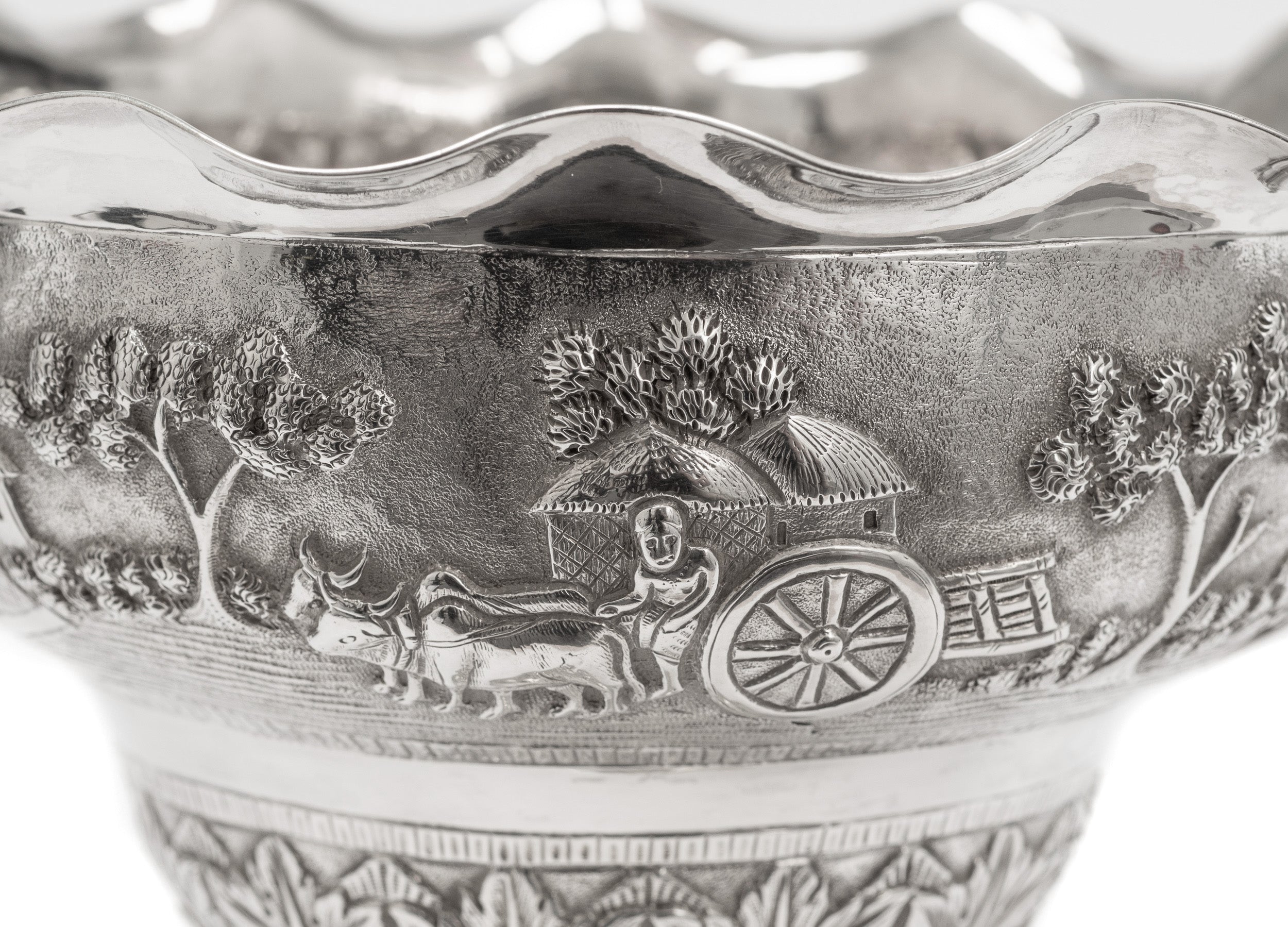 Antique Indian Calcutta Silver Repousse Pedestal Sweetmeat Dish - Village Scene (Code 2155)