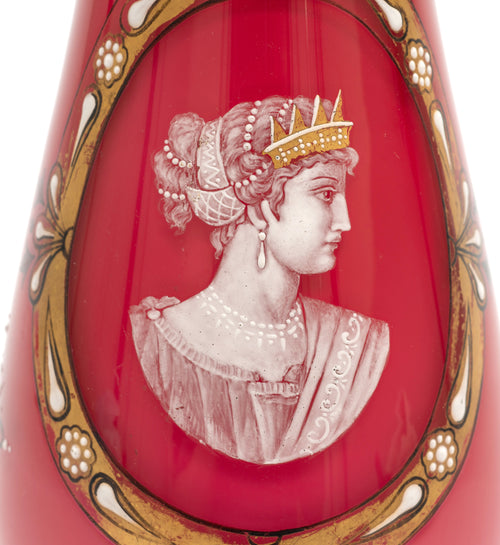 Antique Bohemian Art Glass Vase with Enamel Classical Cameo Portrait c1880 (Code 2160)