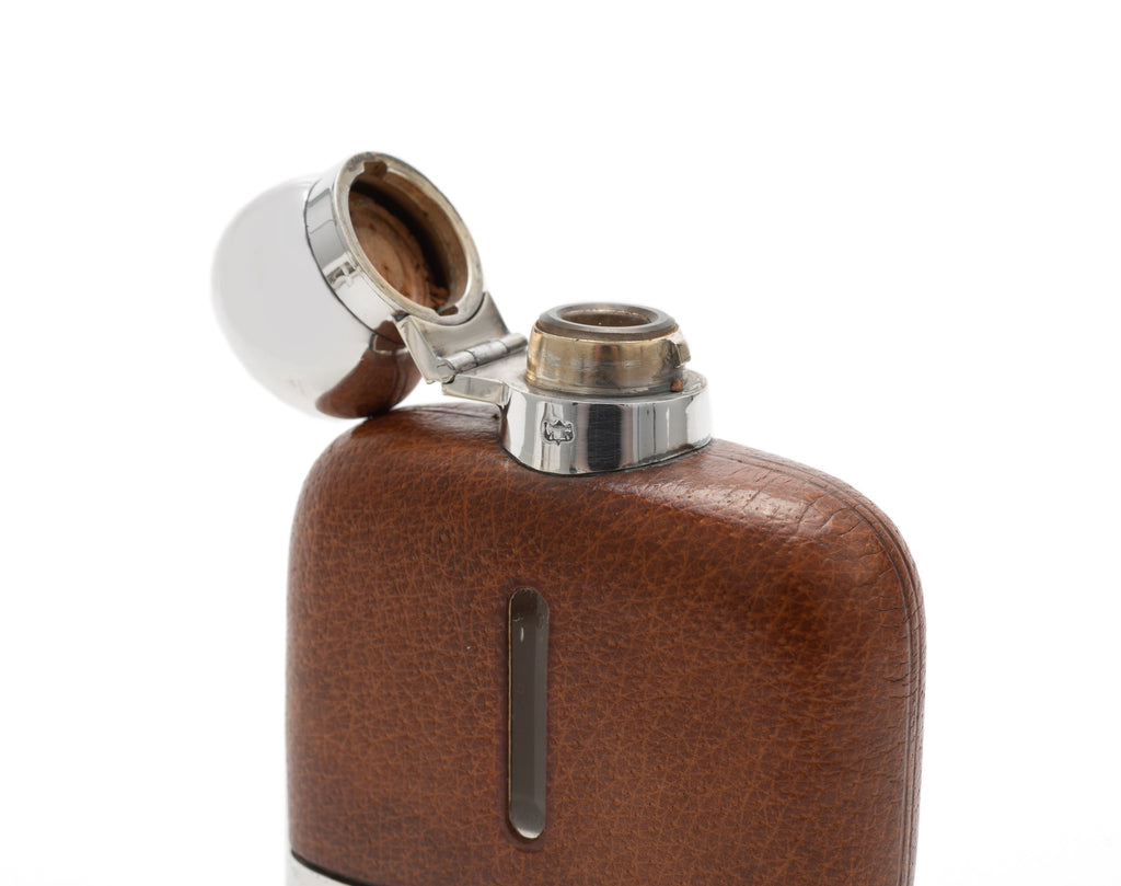 Antique James Dixon & Sons Leather & Silver Plated Hip Flask c1920 (Code 2184)