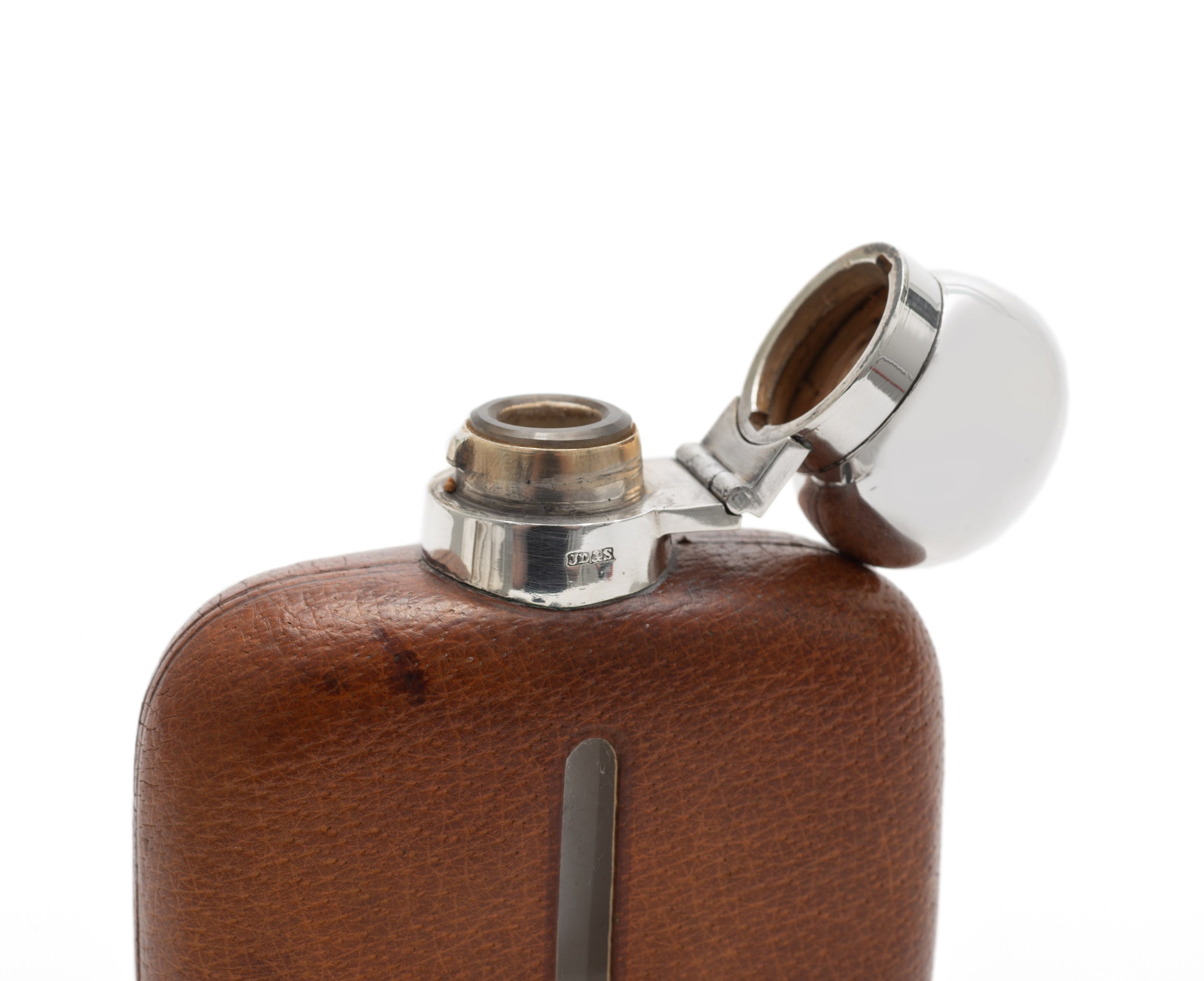 Antique James Dixon & Sons Leather & Silver Plated Hip Flask c1920 (Code 2184)