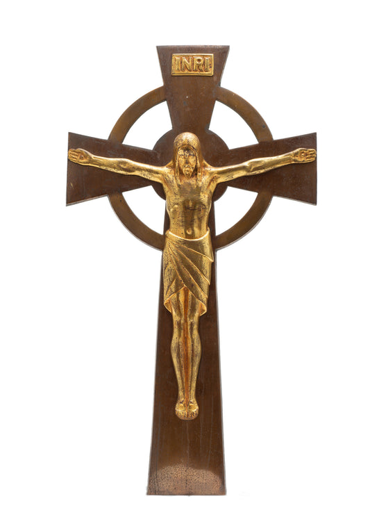 Art Deco Large Gilt Bronze Irish Celtic Cross Wall Hanging Corpus Christi Crucifix (Code 2187)