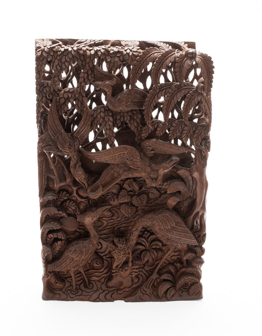 Balinese Carved 3D Wood Panel The Stork & Crab from the Tantri Kamandaka (Code 2206)