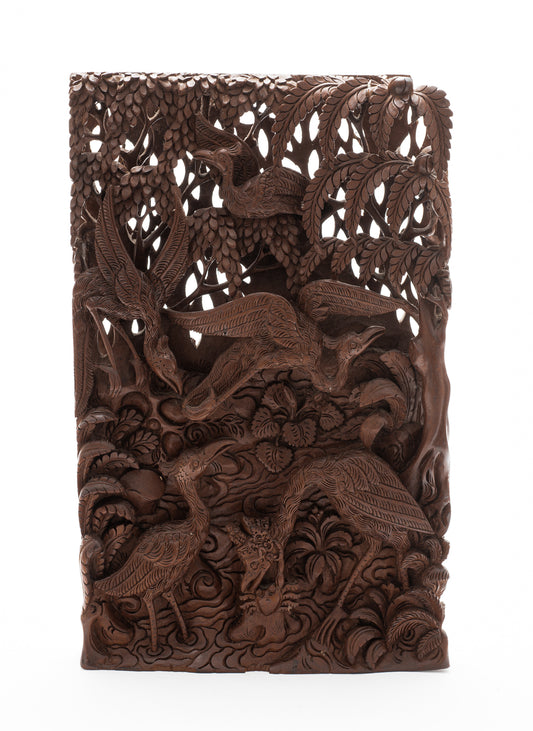 Balinese Carved 3D Wood Panel The Stork & Crab from the Tantri Kamandaka (Code 2206)