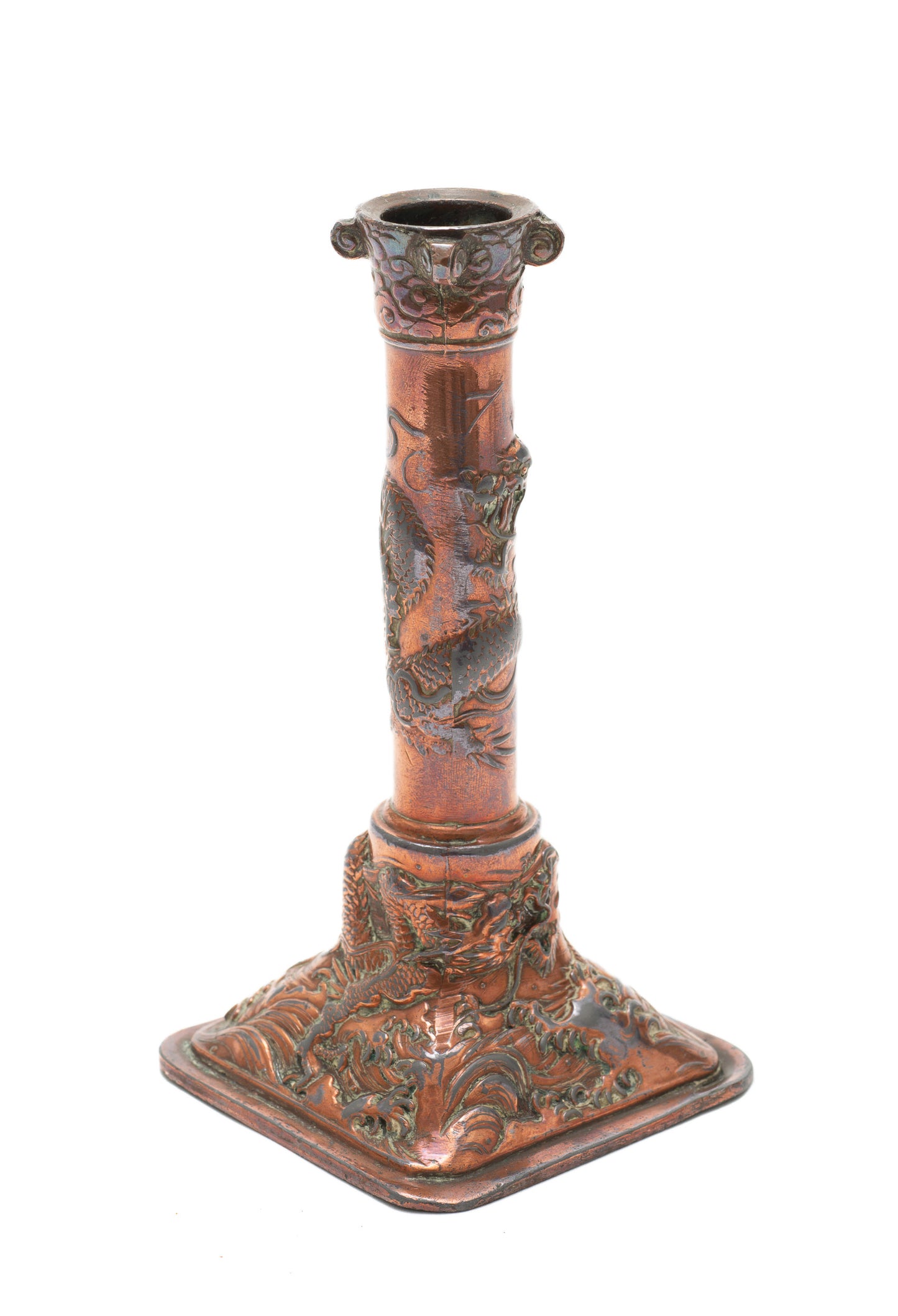 Antique Japanese Antimony & Copper Plated Candlestick with Dragons (Code 2210)