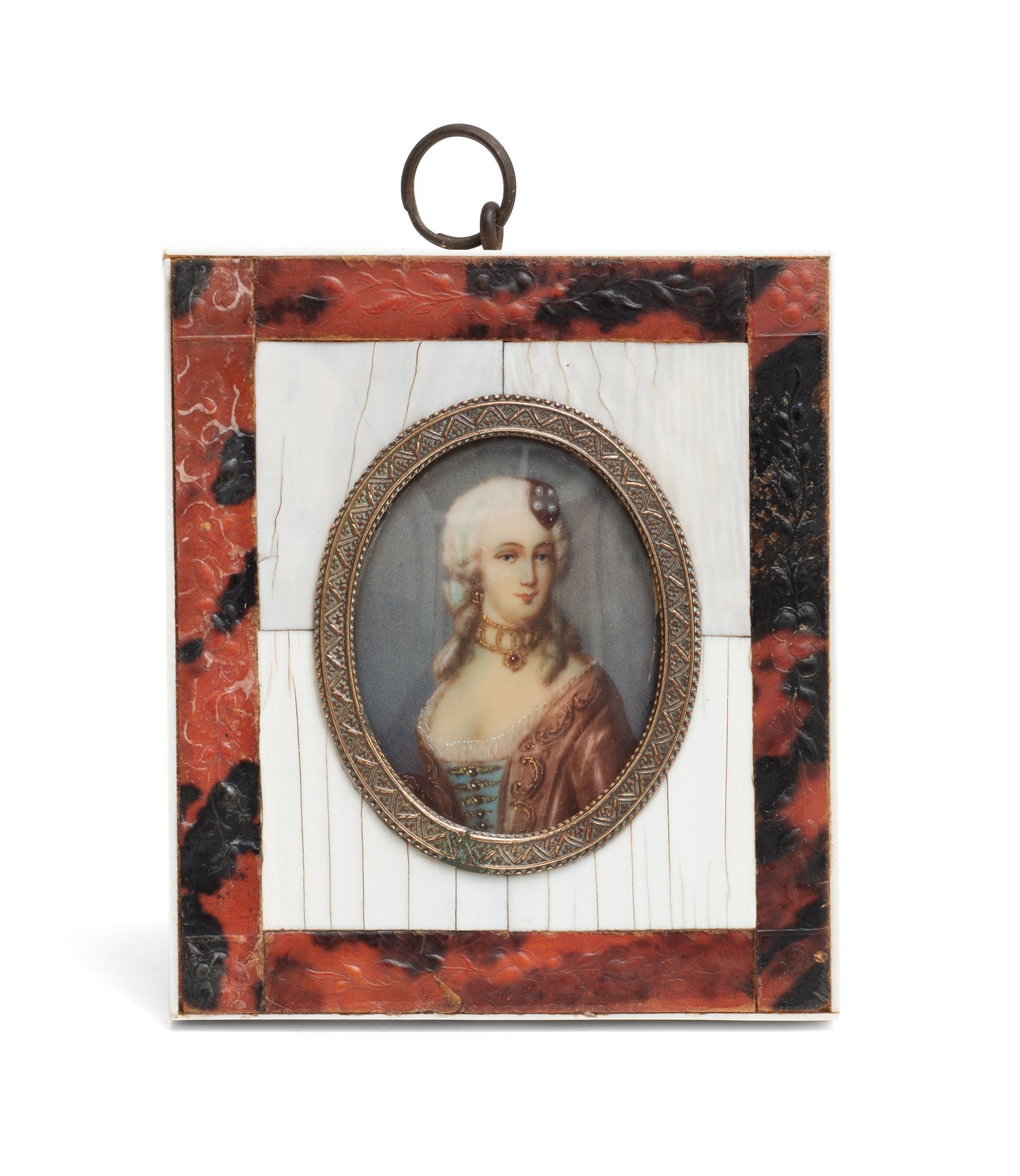 Antique French Portrait Miniature of an Aristocratic Lady In Gilt Metal Mount (Code 2222)